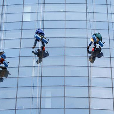 Four window cleaners scaling the side of a high-rise building to clean windows, part of All Window Cleaning Services' capabilities