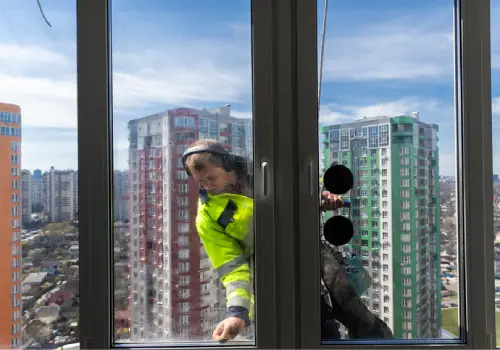 A professional window cleaner on the side of a building helping to clean the windows as a part of post-construction window cleaning from All Window Cleaning Services